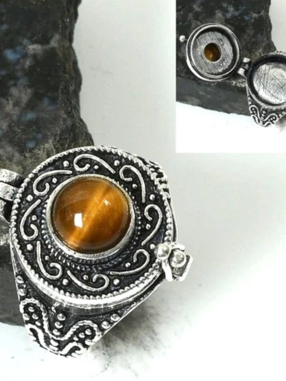 Poison Box Tiger Eye Gemstone Sterling Silver Ring Size 6.5
